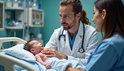 A NICU doctor explaining the baby's condition to worried parents.