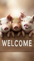Three playful pigs welcome visitors with a wooden sign in a friendly environment, creating a charming and inviting atmosphere for farm lovers