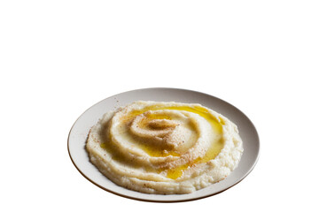 Mashed cauliflower on a white plate, trasparent background