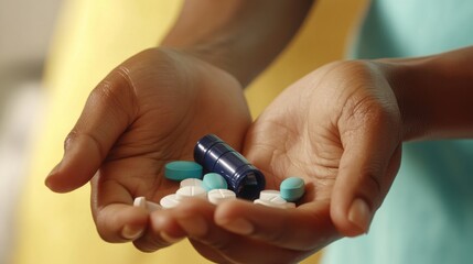 Hands Holding Various Pills and Capsules in Medical Setting