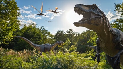 Obraz premium Dinosaurs roam lush forest, sunny day