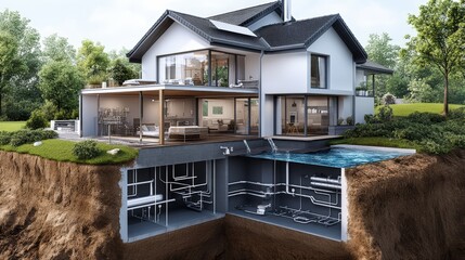 Cross-section of a house, showcasing underground plumbing pipes with other utilities like gas and electricity