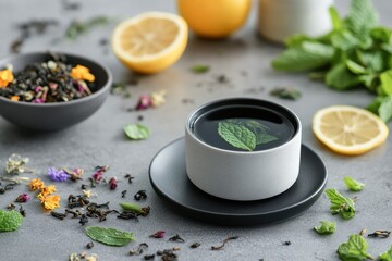 Grey stone surface, tea cup with mint tea, loose tea blends, citrus fruits