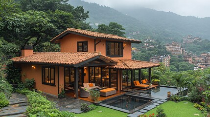 Quaint House with Porch Overlooking Scenic Slope and Lush Landscape