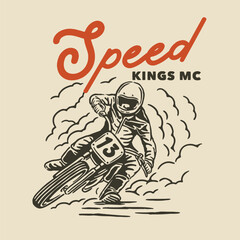 A dynamic vintage illustration of a motorcycle racer in a fast-paced drift, kicking up dust on a racing track. A retro-inspired speed and adrenaline concept.
