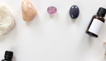 A minimalist flat lay featuring chakra stones and essential oils.