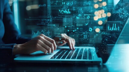 Fototapeta premium Business Professional Using Laptop with Digital Interface Overlay