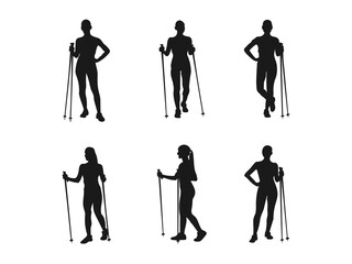 Naklejka premium woman walking with two sticks side view vector silhouette. Vector silhouette of a woman who walks with Nordic walking. Vector silhouette of people with Nordic walking. Vector on a white background.