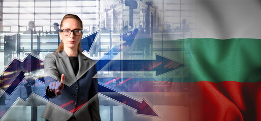 Outsourcing, onboarding and recruiting. Bulgaria. Flag. Symbol of state power. Arrows with trails and directions. The concept of strategy or pluralism of opinions. Woman in suit in glasses. Employee