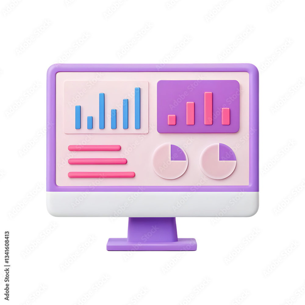 Poster 3d illustration of a computer screen displaying data charts and graphs.