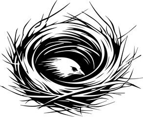 Bird nest vector illustration with eggs black and white design