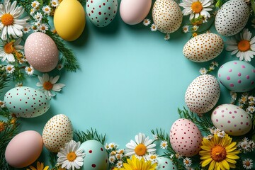Cheerful Easter composition featuring pastel-colored eggs and spring flowers, ideal for seasonal promotions, greeting cards, or festive designs.