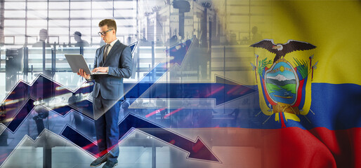 Outsourcing, onboarding and recruiting. Ecuador. Flag. Symbol of state power. Arrows with trails...