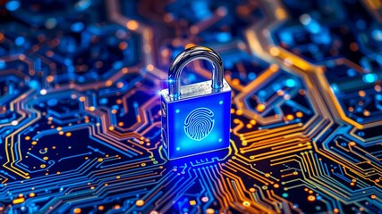 Digital Security Concept Featuring a Padlock with a Fingerprint on a Circuit Board Background