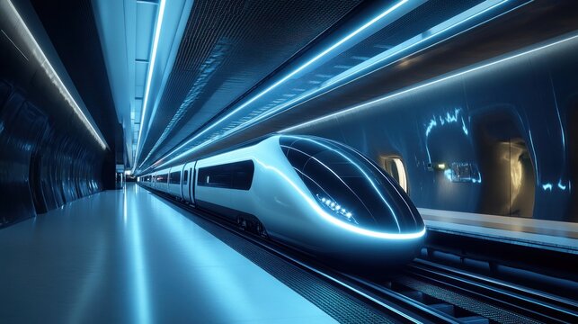 Futuristic hyperloop train at illuminated station for modern transportation