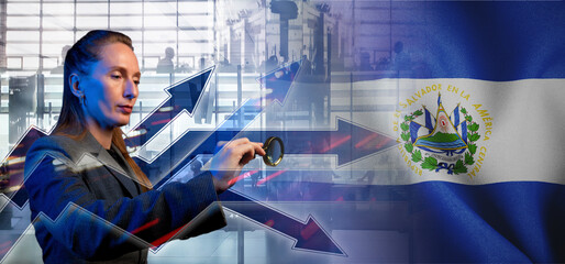 Outsourcing, onboarding and recruiting. El Salvador. Flag. Symbol of state power. Arrows with trails and directions. The concept of strategy or pluralism of opinions. Woman employee in suit. Company
