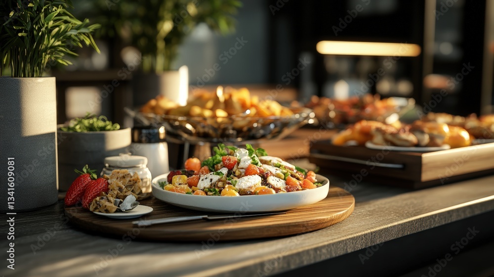 Poster a colorful buffet table featu a vibrant salad surrounded by an array of delicious dishes including p