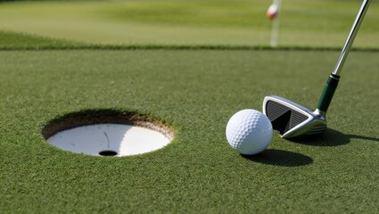 A golf ball and club rest near the hole on a pristine green course.