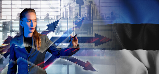Outsourcing, onboarding and recruiting. Estonia. Flag. Symbol of state power. Arrows with trails and directions. The concept of strategy or pluralism of opinions. Woman in suit. Employee at work. Use