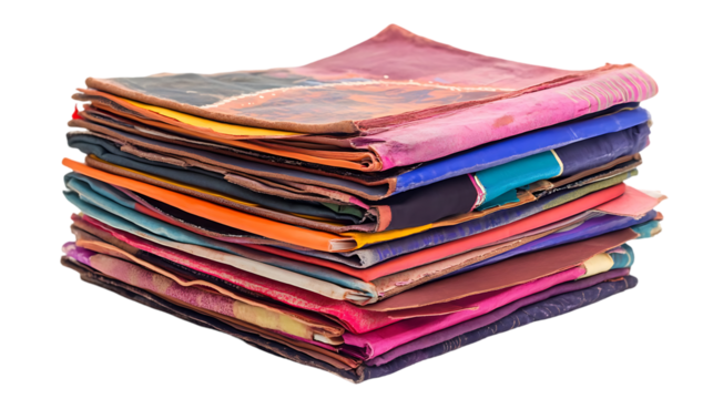 Stack of folded colorful textiles creates a textured appearance