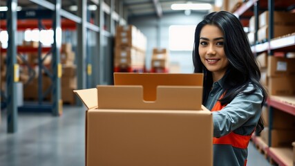 Smiling Warehouse Worker Handling Cardboard Box in Modern Storage Facility