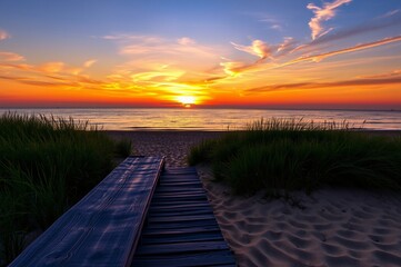 Tranquil Sunset Over Calm Ocean with Wooden Pathway and Lush Grass