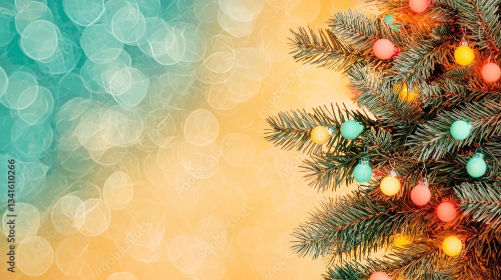Poster holiday lights and evergreen: a close-up shot of a festive evergreen branch adorned with colorful li