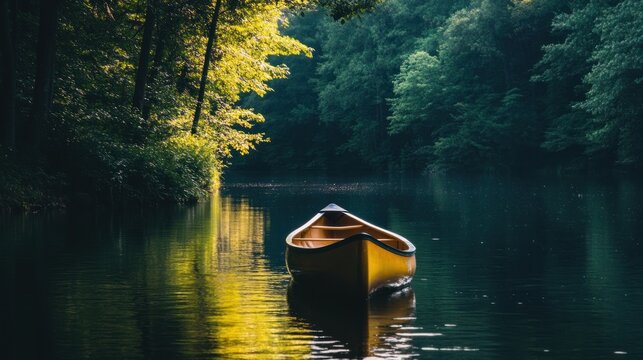 Solitary canoe drifting on tranquil river surrounded by lush forest scenery