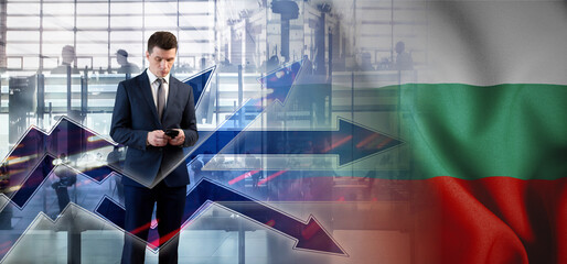 Outsourcing, onboarding and recruiting. Bulgaria. Flag. Symbol of state power. Arrows with trails...