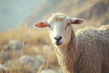 Fototapeta premium Close-Up of a Sheep with Soft Wool Against a Natural Background in Daylight