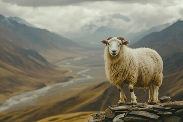 Fototapeta premium Sheep Standing on Rocky Outcrop with Dramatic Mountain Landscape in Background