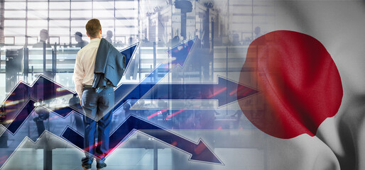 Outsourcing, onboarding and recruiting. Japan. Flag. Symbol of state power. Arrows with trails and directions. The concept of strategy or pluralism of opinions. The man has taken off his jacket and