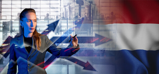 Outsourcing, onboarding and recruiting. Netherlands. Flag. Symbol of state power. Arrows with...