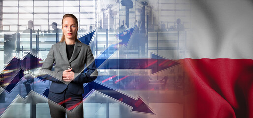 Outsourcing, onboarding and recruiting. Poland. Flag. Symbol of state power. Arrows with trails and...