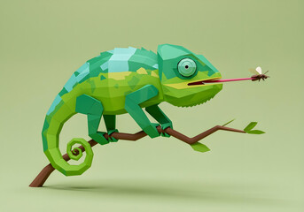 Obraz premium Low-Poly Chameleon on a Branch Catching a Fly – 3D Digital Illustration