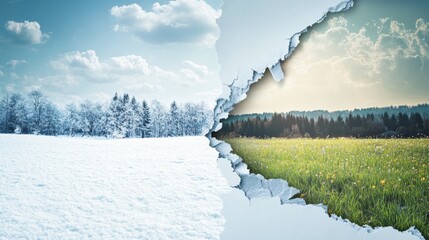 torn photograph half spring half winter