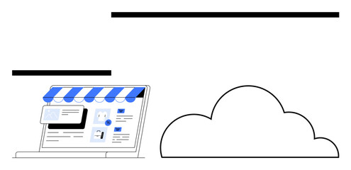 Laptop with storefront awning displaying online store interface, next to a cloud graphic. Ideal for e-commerce, cloud storage, technology, digital business, SaaS, networking branding. Flat simple