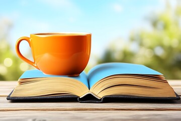 Coffee cup on a book outdoors, relaxing time