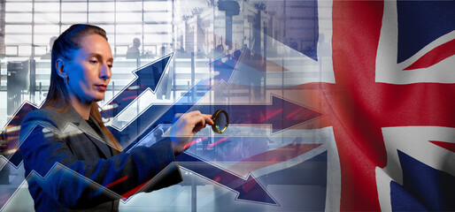 Outsourcing, onboarding and recruiting. United Kingdom. Flag. Symbol of state power. United Kingdom. Arrows with trails and directions. The concept of strategy or pluralism of opinions. Woman