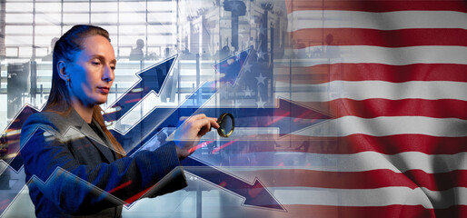 Outsourcing, onboarding and recruiting. United States. Flag. Symbol of state power. Arrows with trails and directions. The concept of strategy or pluralism of opinions. Woman employee in suit.
