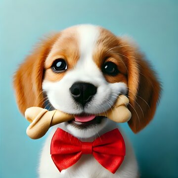 Cute dog in a bowtie holding a bone in its mouth on a blue background