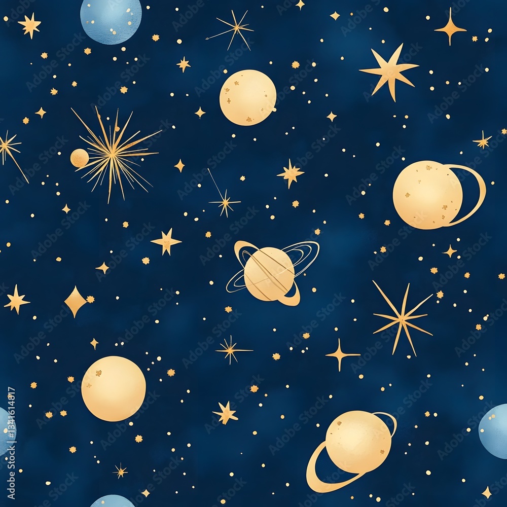 Poster a repeating pattern of celestial constellations glowing softly on a midnight blue background.