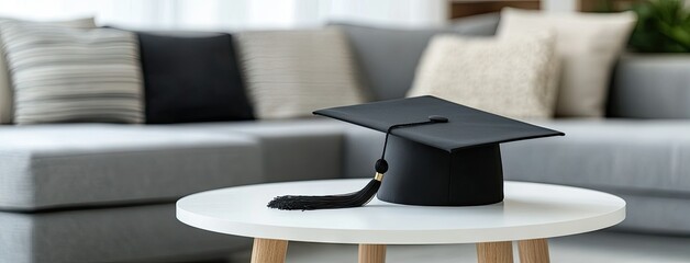 Graduation cap placed on a white table in a cozy living room setting with a modern couch and soft pillows
