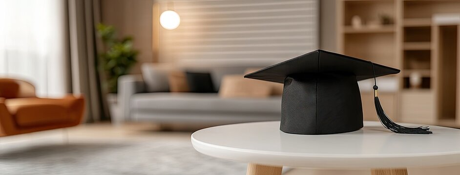 Black graduation cap placed on a white table inside a cozy living room with modern furniture in broad daylight - Powered by Adobe