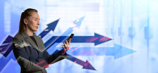 Arrows with trails and directions. The concept of strategy or pluralism of opinions. Woman in suit....