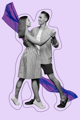 Art image vertical photo collage of two happy girl guy dance together valentine date occasion music relax party entertainment