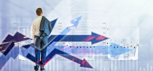Arrows with trails and directions. The concept of strategy or pluralism of opinions. The man has taken off his jacket and stands with his back to the