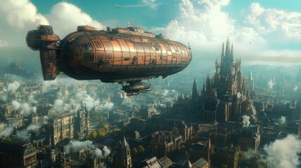 Magnificent steampunk airship soars over a neo-victorian cityscape of tomorrow
