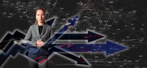 Arrows with trails and directions. The concept of strategy or pluralism of opinions. Woman in suit. Standing and look. Listening and wait. Dark