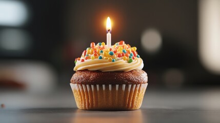 A single lit candle gracefully perched atop a delectable vanilla cupcake generously decorated with vibrant colorful sprinkles on a gray surface background